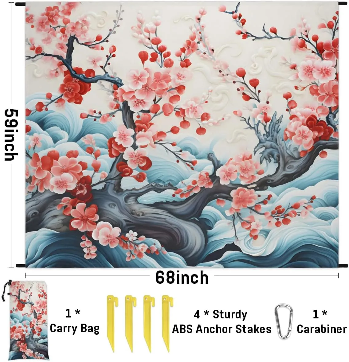 Beach Blanket, Cherry Sandproof Beach Mat, Waterproof Quick Drying Sand Free Mat with 4 x Ground Spikes for Outdoor Travel Camping Hiking, Japanese Weeping Flower 68 x 59 in