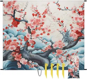 Beach Blanket, Cherry Sandproof Beach Mat, Waterproof Quick Drying Sand Free Mat with 4 x Ground Spikes for Outdoor Travel Camping Hiking, Japanese Weeping Flower 68 x 59 in