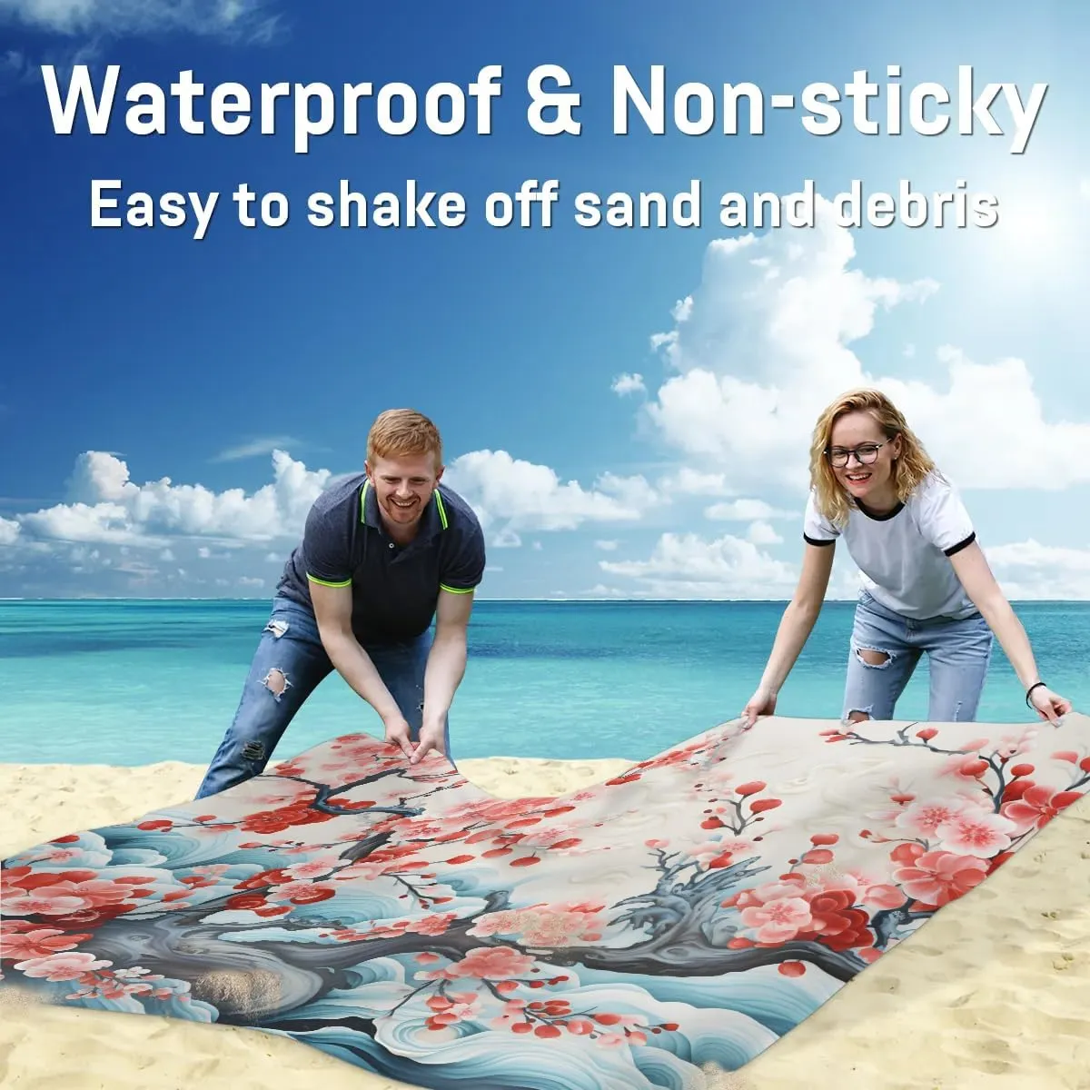 Beach Blanket, Cherry Sandproof Beach Mat, Waterproof Quick Drying Sand Free Mat with 4 x Ground Spikes for Outdoor Travel Camping Hiking, Japanese Weeping Flower 68 x 59 in
