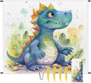 Beach Blanket, Cute Dinosaur Sandproof Beach Mat, Waterproof Quick Drying Sand Free Mat with 4 x Ground Spikes for Outdoor Travel Camping Hiking, Dinosaur Theme 68 x 59 in