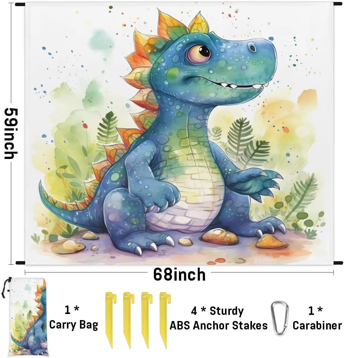 Beach Blanket, Cute Dinosaur Sandproof Beach Mat, Waterproof Quick Drying Sand Free Mat with 4 x Ground Spikes for Outdoor Travel Camping Hiking, Dinosaur Theme 68 x 59 in