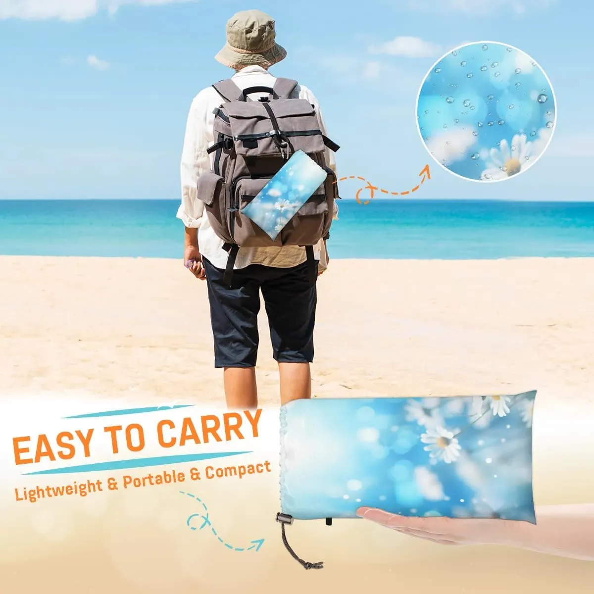 Beach Blanket, Daisy Printed Sandproof Beach Mat, Waterproof Quick Drying Sand Free Mat with 4 x Ground Spikes for Outdoor Travel Camping Hiking, Summer Flower 68 x 59 in
