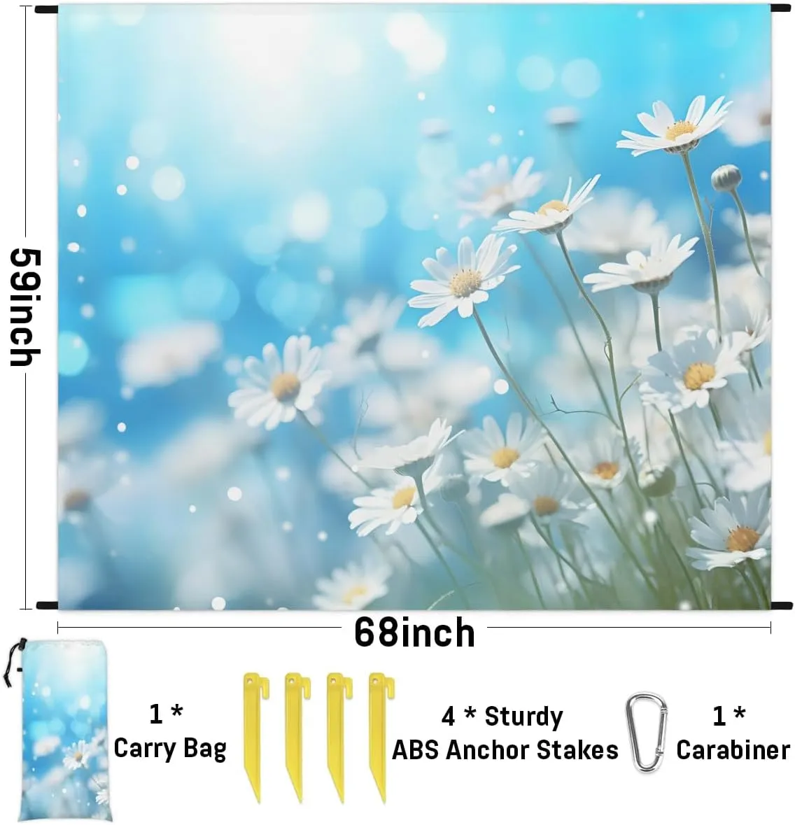 Beach Blanket, Daisy Printed Sandproof Beach Mat, Waterproof Quick Drying Sand Free Mat with 4 x Ground Spikes for Outdoor Travel Camping Hiking, Summer Flower 68 x 59 in
