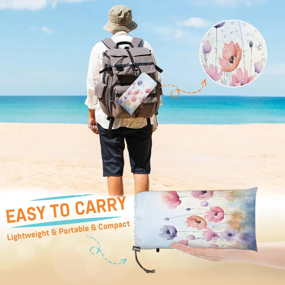 Beach Blanket, Flowers Floral Summer Sandproof Beach Mat, Waterproof Quick Drying Sand Free Mat with 4 x Ground Spikes for Outdoor Travel Camping Hiking, Poppy Floral 68 x 59 in
