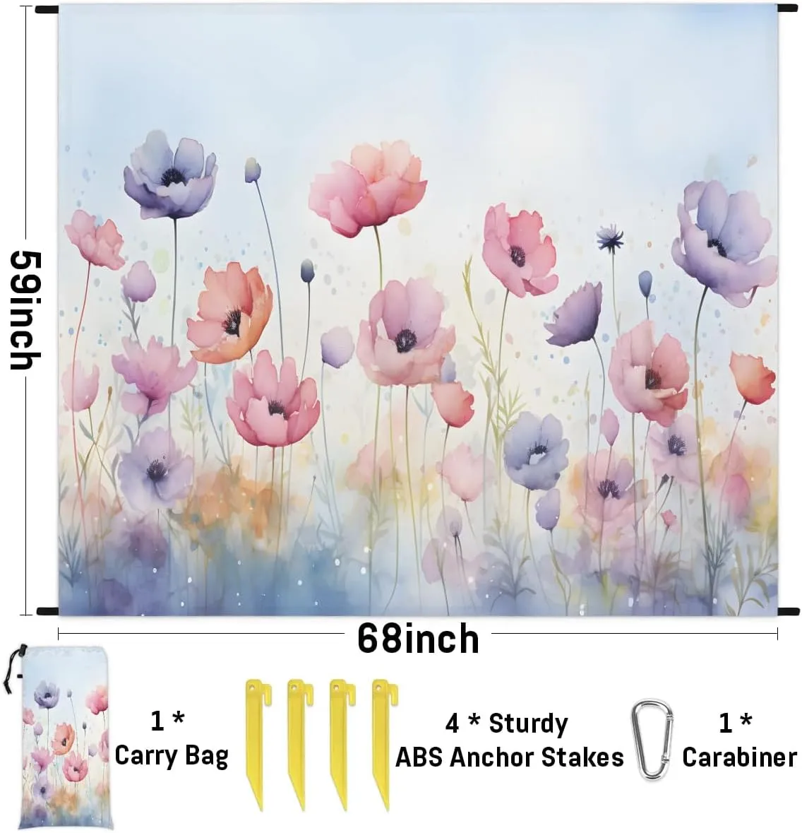 Beach Blanket, Flowers Floral Summer Sandproof Beach Mat, Waterproof Quick Drying Sand Free Mat with 4 x Ground Spikes for Outdoor Travel Camping Hiking, Poppy Floral 68 x 59 in
