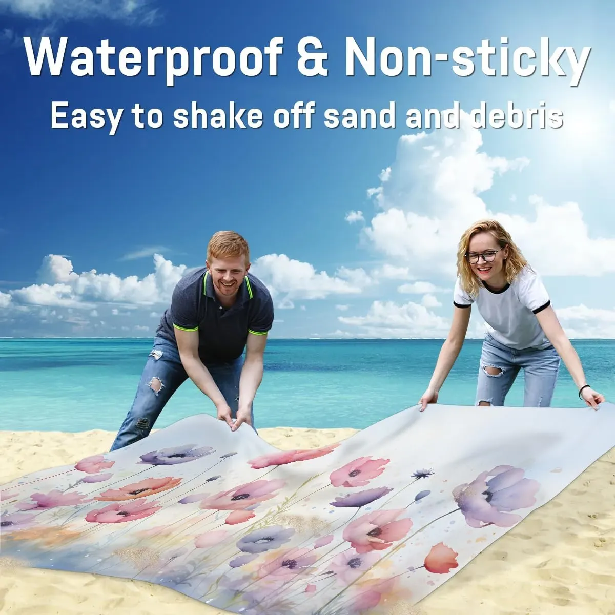 Beach Blanket, Flowers Floral Summer Sandproof Beach Mat, Waterproof Quick Drying Sand Free Mat with 4 x Ground Spikes for Outdoor Travel Camping Hiking, Poppy Floral 68 x 59 in