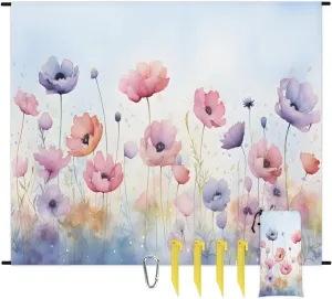 Beach Blanket, Flowers Floral Summer Sandproof Beach Mat, Waterproof Quick Drying Sand Free Mat with 4 x Ground Spikes for Outdoor Travel Camping Hiking, Poppy Floral 68 x 59 in