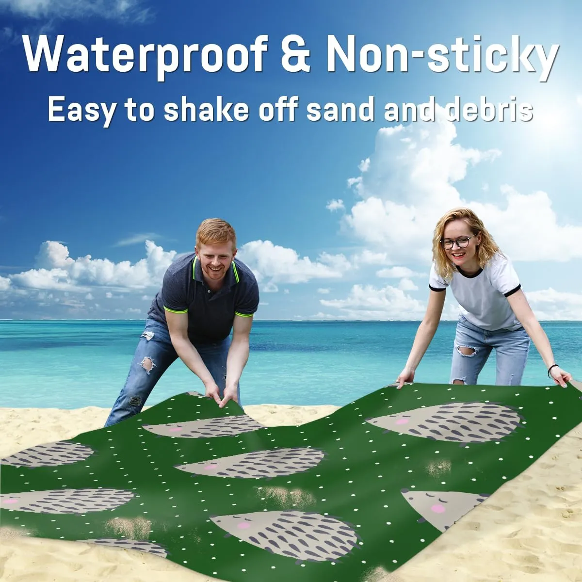 Beach Blanket, Hedgehogs Sandproof Beach Mat, Waterproof Quick Drying Sand Free Mat with 4 x Ground Spikes for Outdoor Travel Camping Hiking, Cute Animal 68 x 59 in