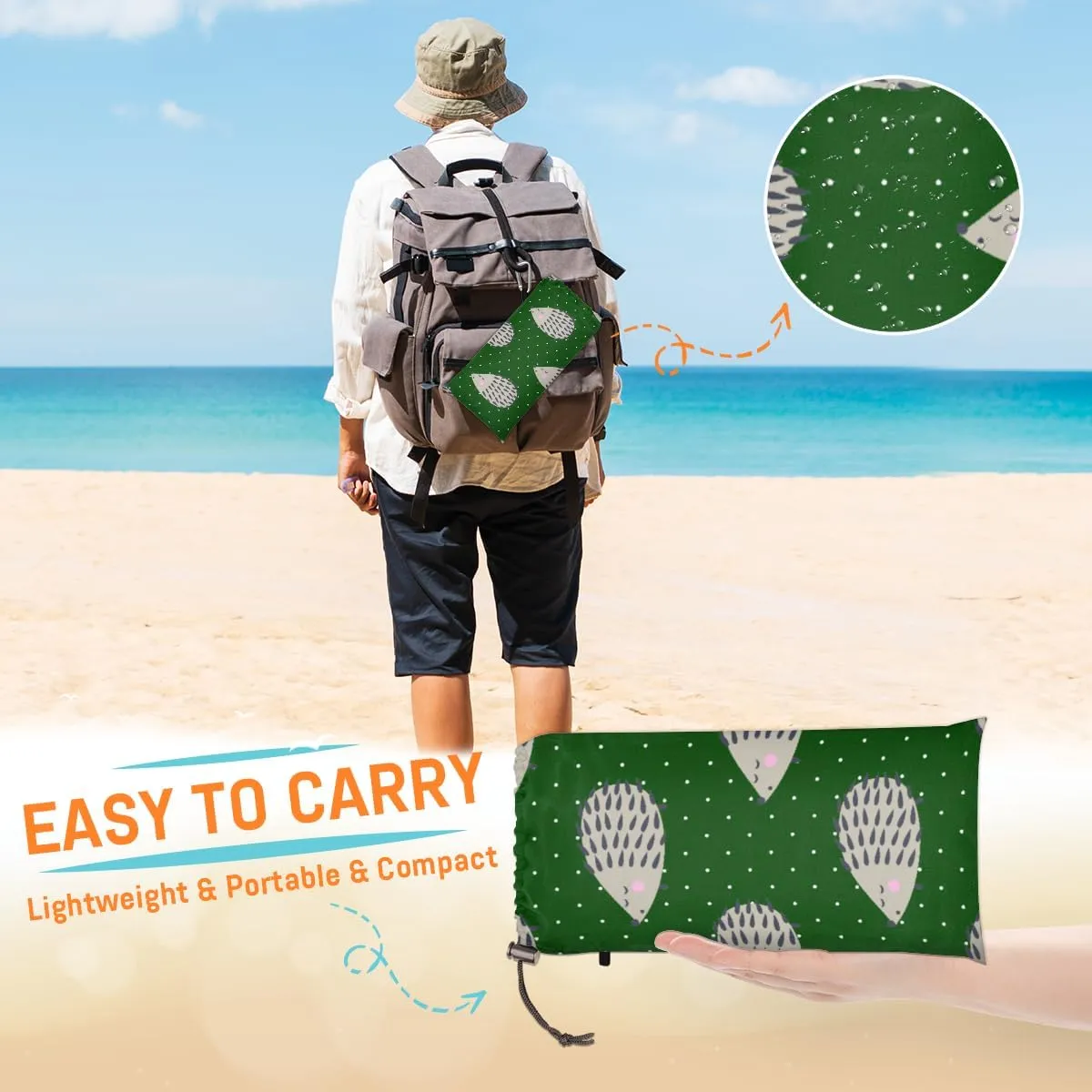 Beach Blanket, Hedgehogs Sandproof Beach Mat, Waterproof Quick Drying Sand Free Mat with 4 x Ground Spikes for Outdoor Travel Camping Hiking, Cute Animal 68 x 59 in