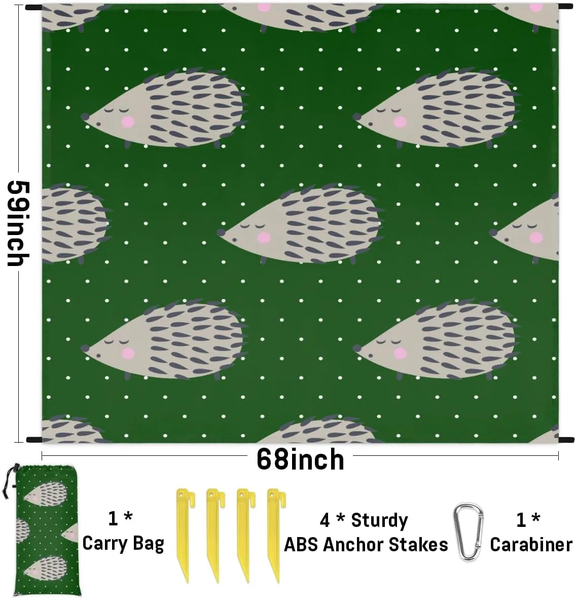 Beach Blanket, Hedgehogs Sandproof Beach Mat, Waterproof Quick Drying Sand Free Mat with 4 x Ground Spikes for Outdoor Travel Camping Hiking, Cute Animal 68 x 59 in