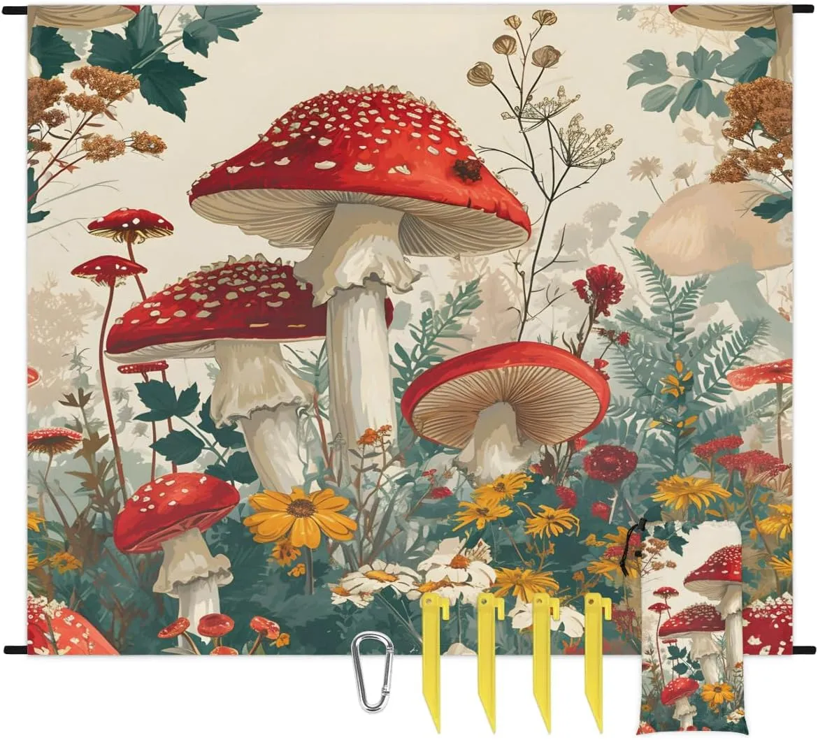 Beach Blanket, Mushroom Wildflowers Sandproof Beach Mat, Waterproof Quick Drying Sand Free Mat with 4 x Ground Spikes for Outdoor Travel Camping Hiking, Mushrooms Wild 68 x 59 in