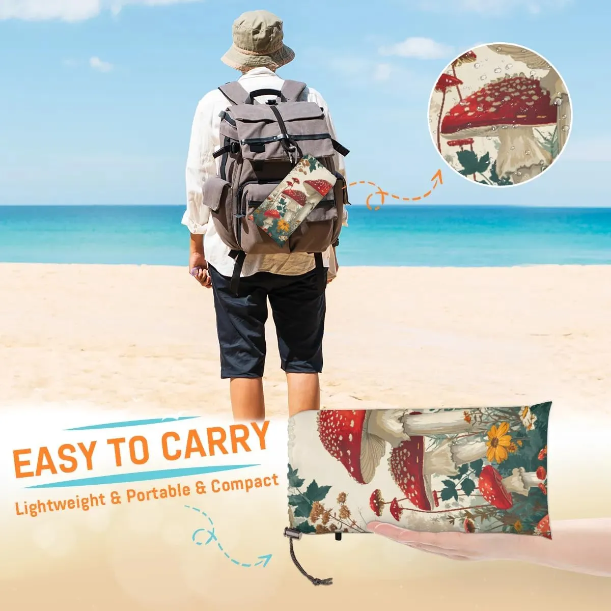 Beach Blanket, Mushroom Wildflowers Sandproof Beach Mat, Waterproof Quick Drying Sand Free Mat with 4 x Ground Spikes for Outdoor Travel Camping Hiking, Mushrooms Wild 68 x 59 in