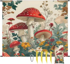 Beach Blanket, Mushroom Wildflowers Sandproof Beach Mat, Waterproof Quick Drying Sand Free Mat with 4 x Ground Spikes for Outdoor Travel Camping Hiking, Mushrooms Wild 68 x 59 in