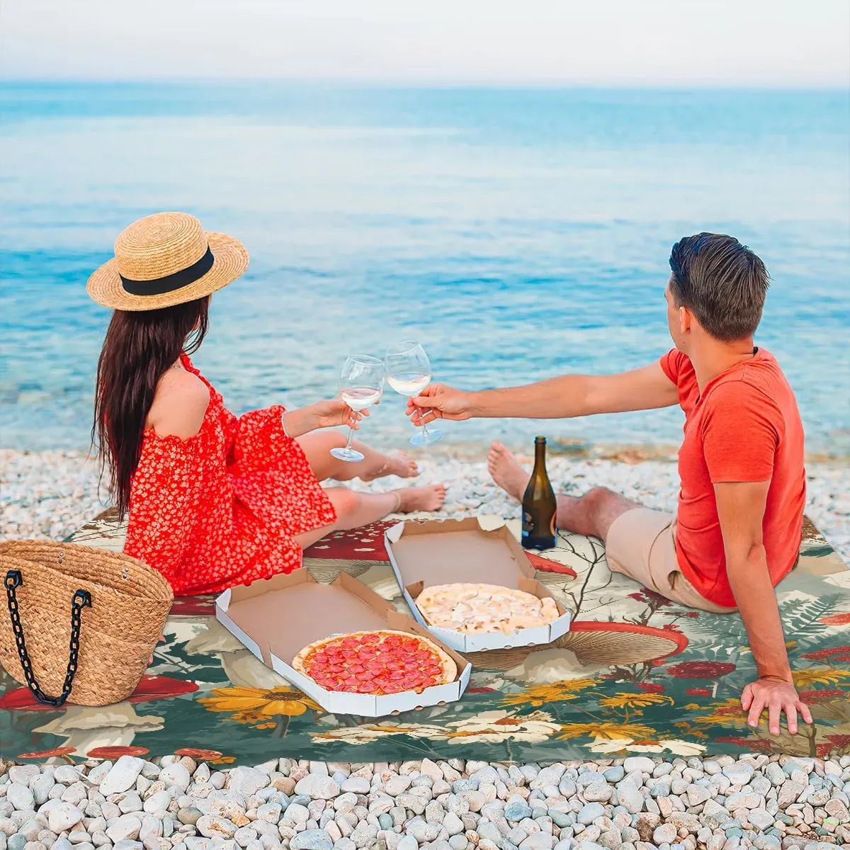 Beach Blanket, Mushroom Wildflowers Sandproof Beach Mat, Waterproof Quick Drying Sand Free Mat with 4 x Ground Spikes for Outdoor Travel Camping Hiking, Mushrooms Wild 68 x 59 in