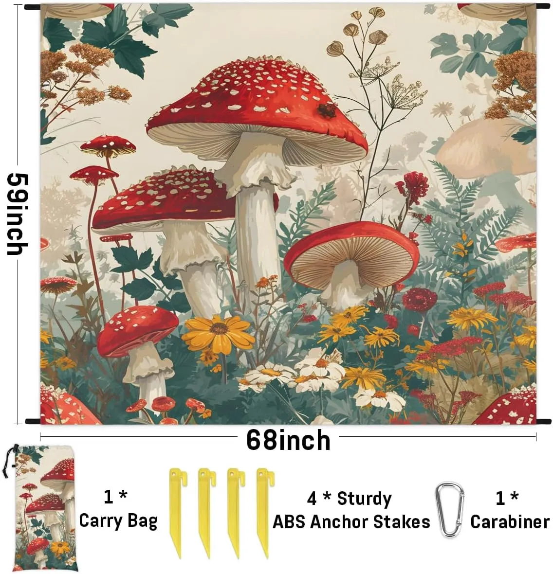 Beach Blanket, Mushroom Wildflowers Sandproof Beach Mat, Waterproof Quick Drying Sand Free Mat with 4 x Ground Spikes for Outdoor Travel Camping Hiking, Mushrooms Wild 68 x 59 in