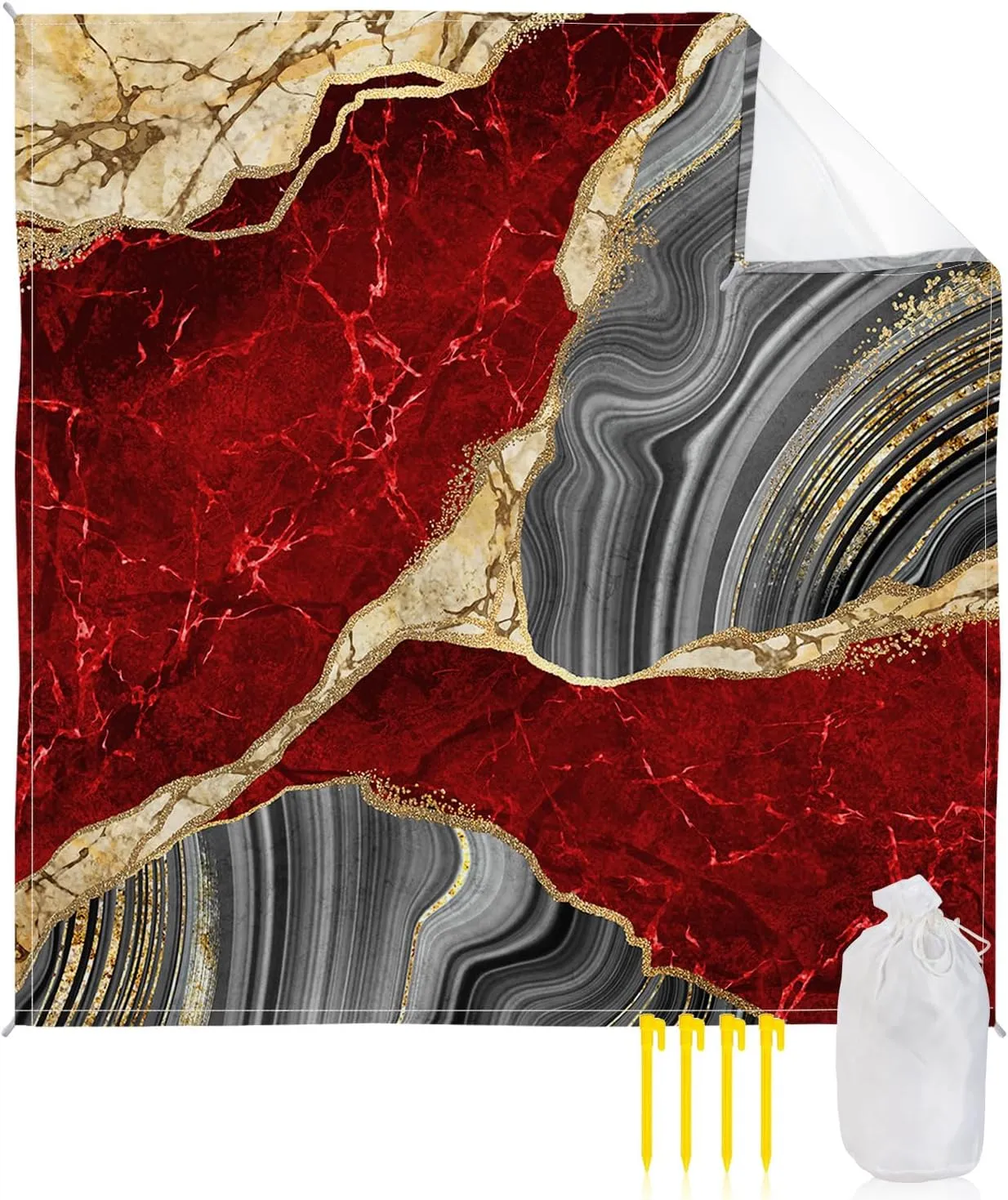 Beach Blanket Sandproof, Abstract Red Grey Gold Marble Waterproof Beach Mat Lightweight Quick Drying Picnic Blanket Beach Essentials for Travel Camping Hiking 95x80in