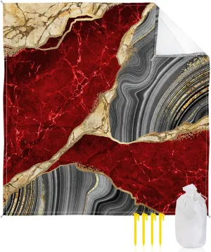 Beach Blanket Sandproof, Abstract Red Grey Gold Marble Waterproof Beach Mat Lightweight Quick Drying Picnic Blanket Beach Essentials for Travel Camping Hiking 95x80in