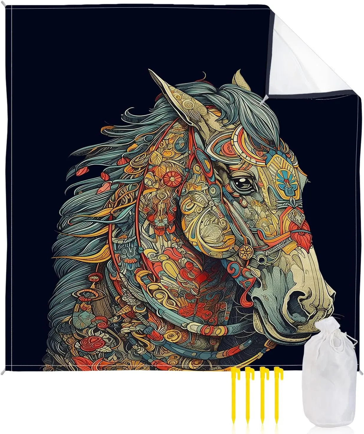 Beach Blanket Sandproof, Animal Horsehead Abstract Geometric Pattern Waterproof Beach Mat Lightweight Quick Drying Picnic Blanket Beach Essentials for Travel Camping Hiking 108x84in