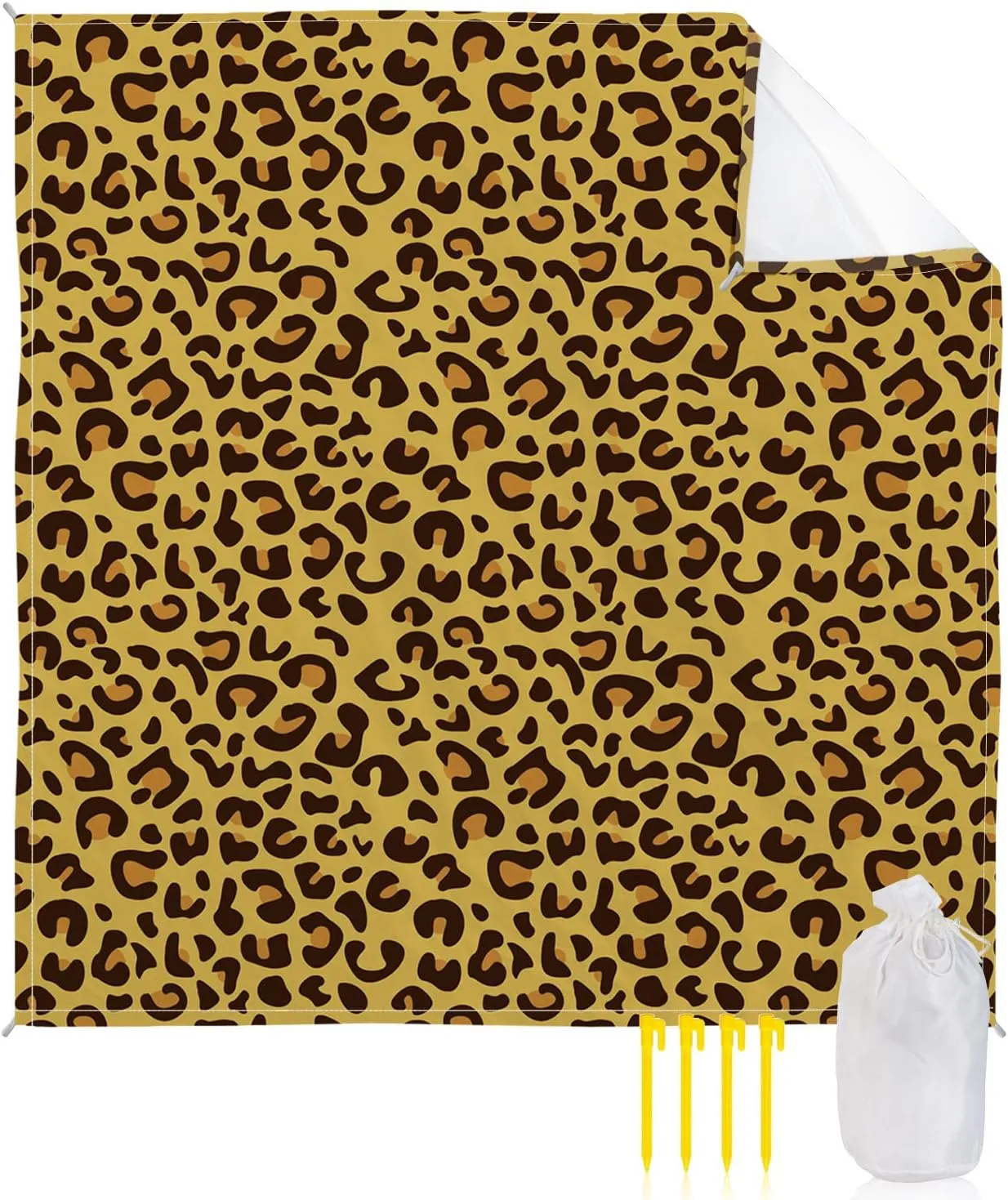 Beach Blanket Sandproof, Animal Skin Texture Yellow Leopard Print Waterproof Beach Mat Lightweight Quick Drying Picnic Blanket Beach Essentials for Travel Camping Hiking 95x80in