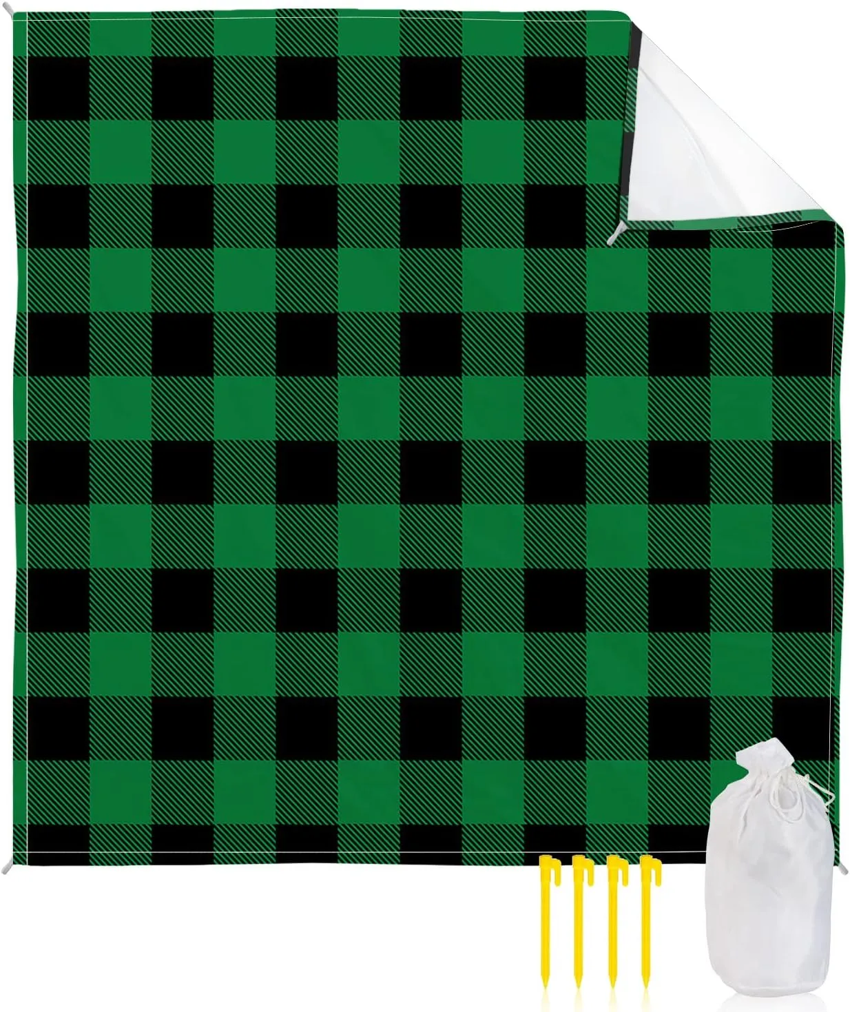 Beach Blanket Sandproof, Pastoral Style Green Black Lattice Waterproof Beach Mat Lightweight Quick Drying Picnic Blanket Beach Essentials for Travel Camping Hiking 83x79in