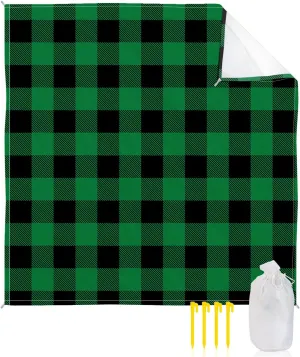 Beach Blanket Sandproof, Pastoral Style Green Black Lattice Waterproof Beach Mat Lightweight Quick Drying Picnic Blanket Beach Essentials for Travel Camping Hiking 83x79in