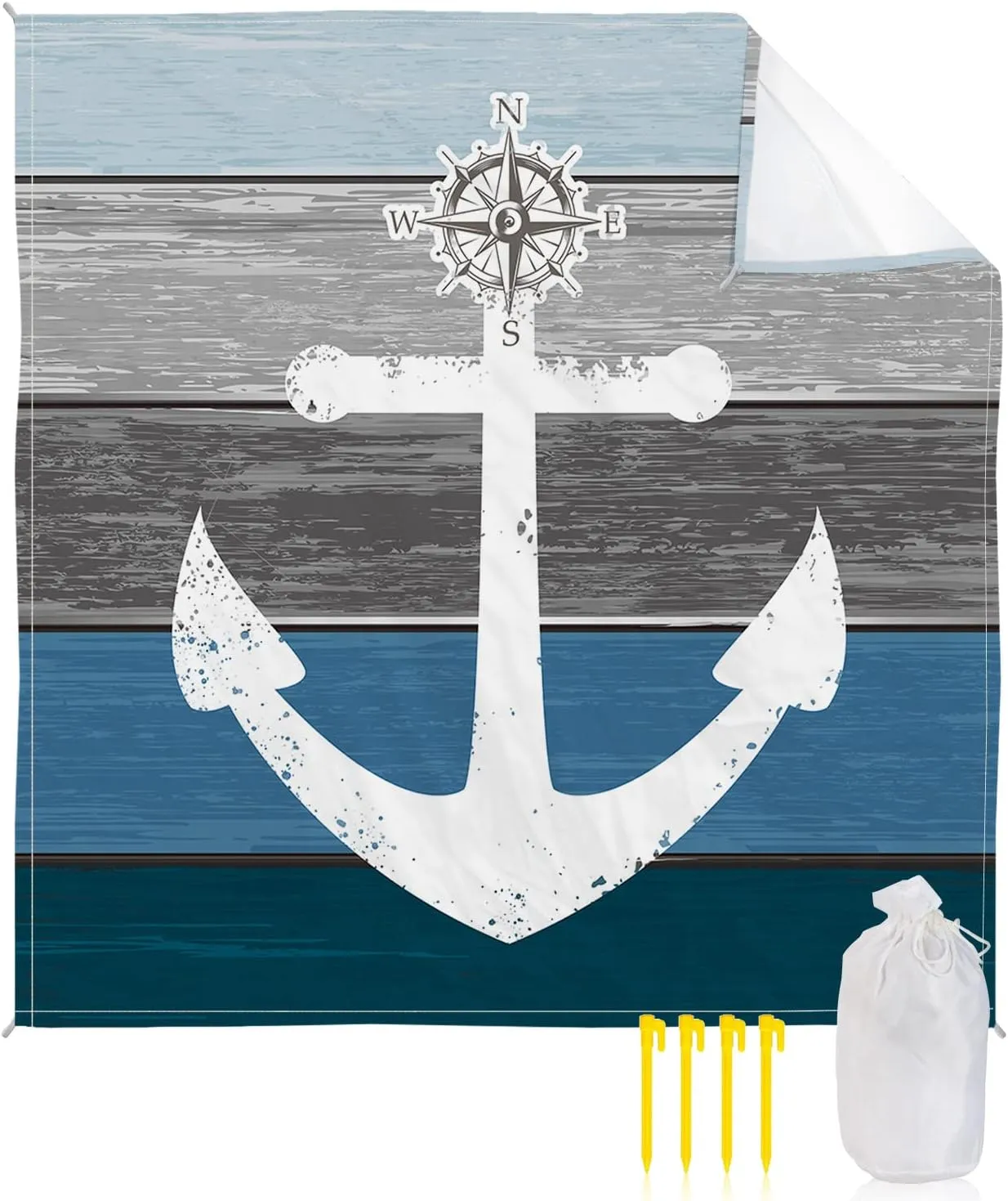 Beach Blanket Sandproof, White Anchor Compass Farm Barn Blue Gray Wood Plank Waterproof Beach Mat Lightweight Quick Drying Picnic Blanket Beach Essentials for Travel Camping Hiking 83x79in
