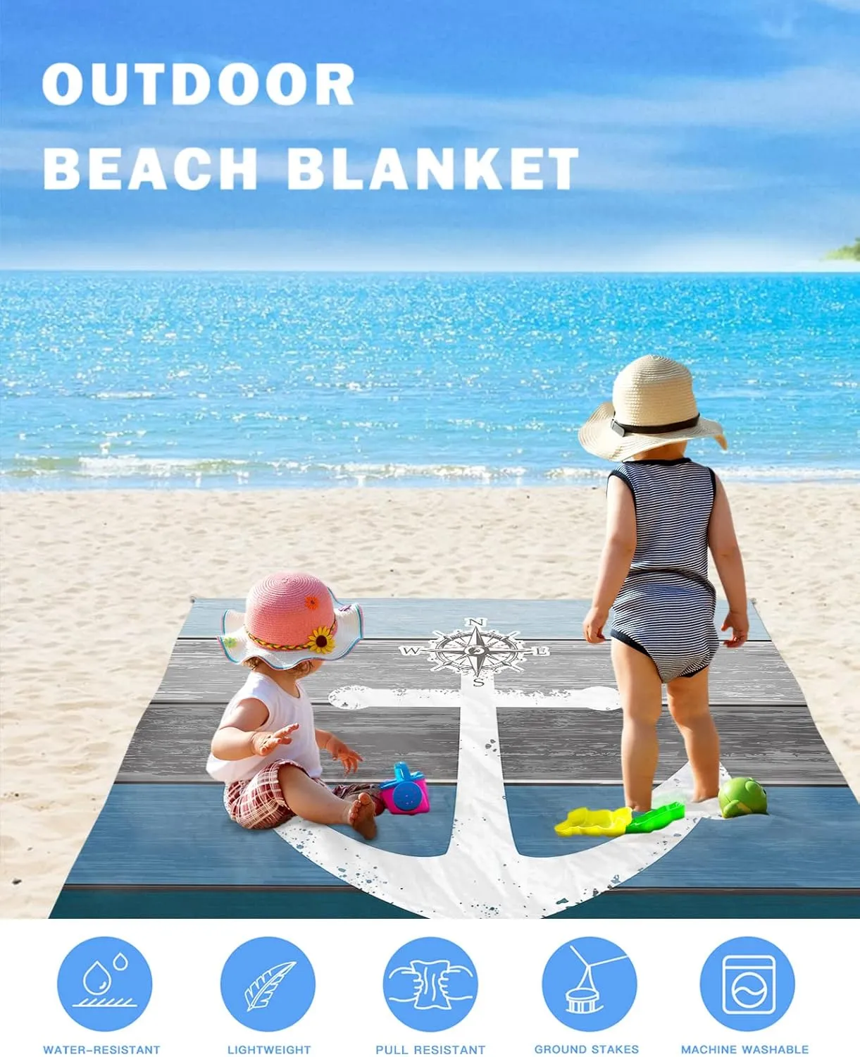 Beach Blanket Sandproof, White Anchor Compass Farm Barn Blue Gray Wood Plank Waterproof Beach Mat Lightweight Quick Drying Picnic Blanket Beach Essentials for Travel Camping Hiking 83x79in