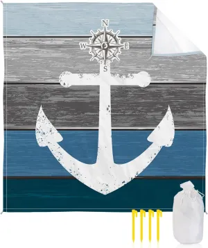 Beach Blanket Sandproof, White Anchor Compass Farm Barn Blue Gray Wood Plank Waterproof Beach Mat Lightweight Quick Drying Picnic Blanket Beach Essentials for Travel Camping Hiking 83x79in
