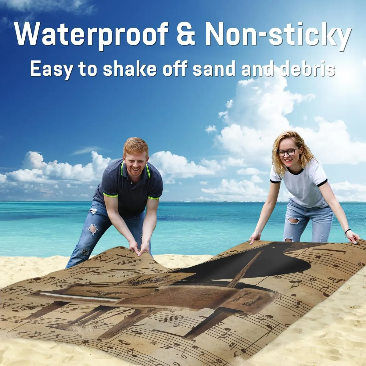 Beach Blanket, Vintage Piano Sandproof Beach Mat, Waterproof Quick Drying Sand Free Mat with 4 x Ground Spikes for Outdoor Travel Camping Hiking, Musical 68 x 59 in
