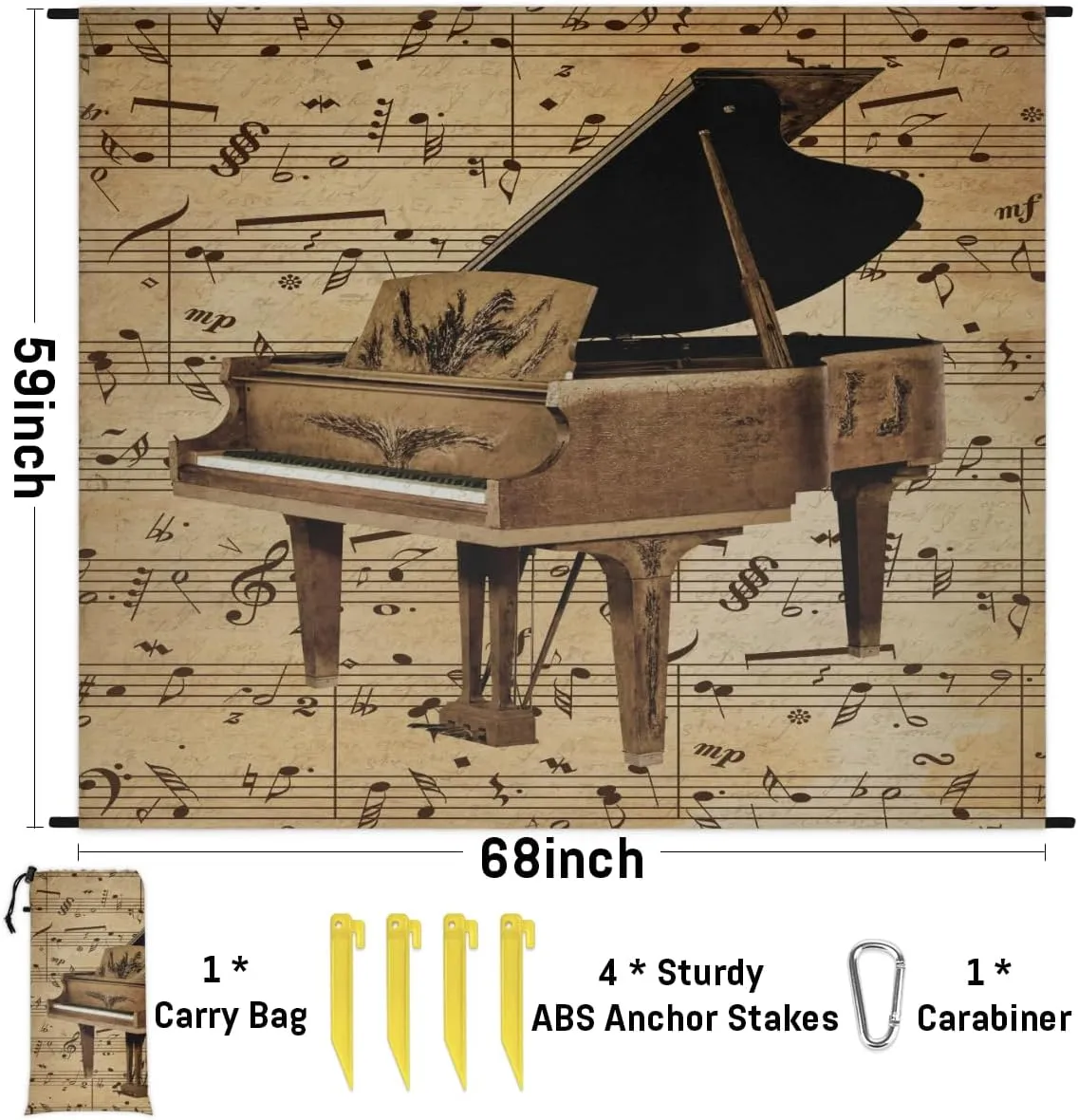 Beach Blanket, Vintage Piano Sandproof Beach Mat, Waterproof Quick Drying Sand Free Mat with 4 x Ground Spikes for Outdoor Travel Camping Hiking, Musical 68 x 59 in