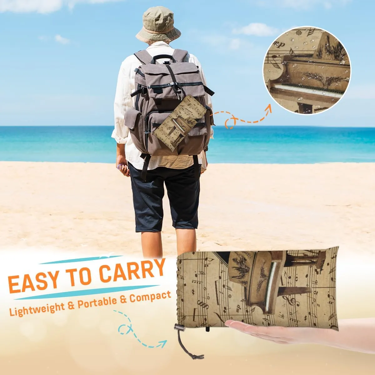 Beach Blanket, Vintage Piano Sandproof Beach Mat, Waterproof Quick Drying Sand Free Mat with 4 x Ground Spikes for Outdoor Travel Camping Hiking, Musical 68 x 59 in