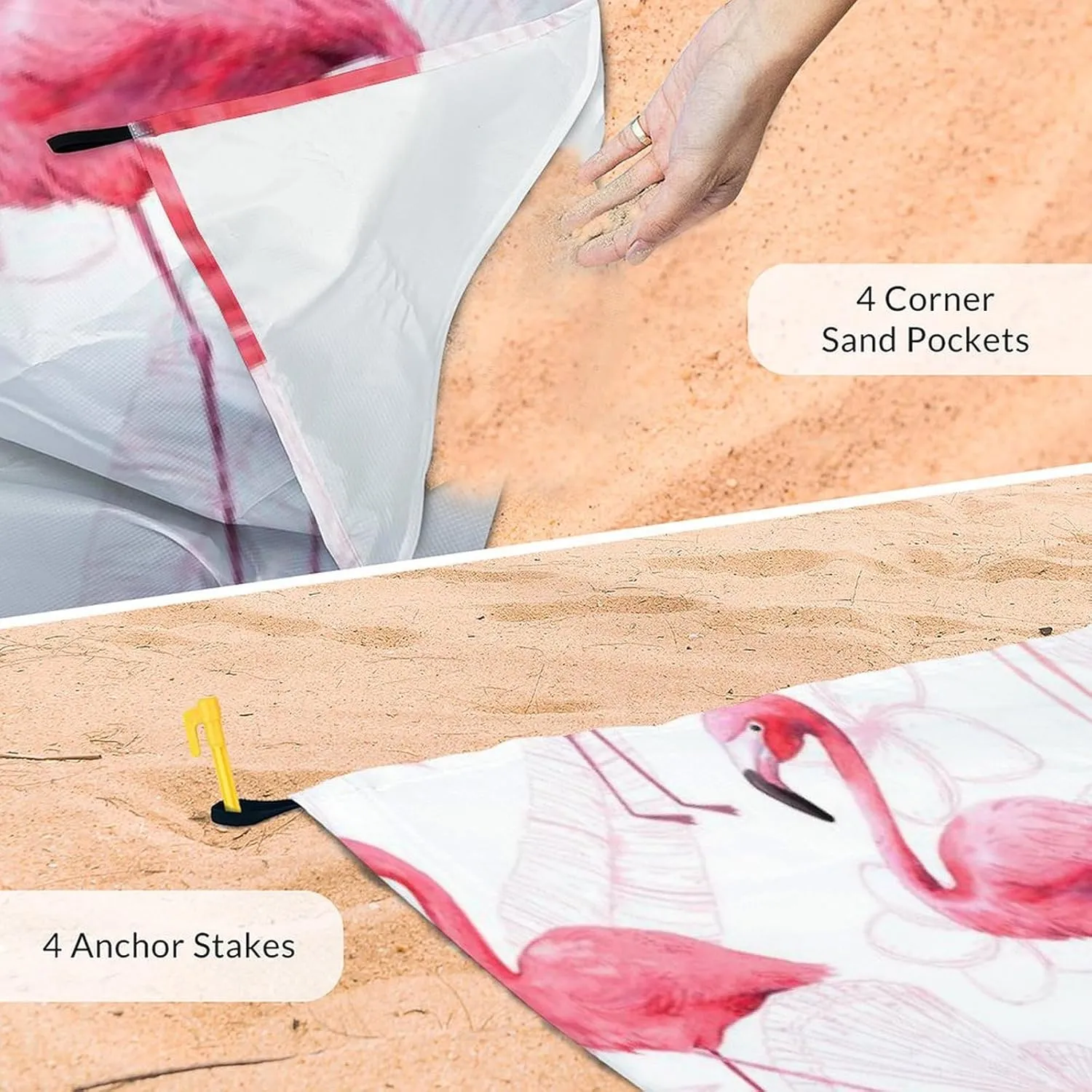 Beach Blanket Waterproof Sandproof, Oversized Flamingo Cute Beach Mat for 6-8 Adults, 118x110 Inches Lightweight Windproof Picnic Blanket with 4 Corner Pockets for Outdoor, Travel, Camping, Hiking