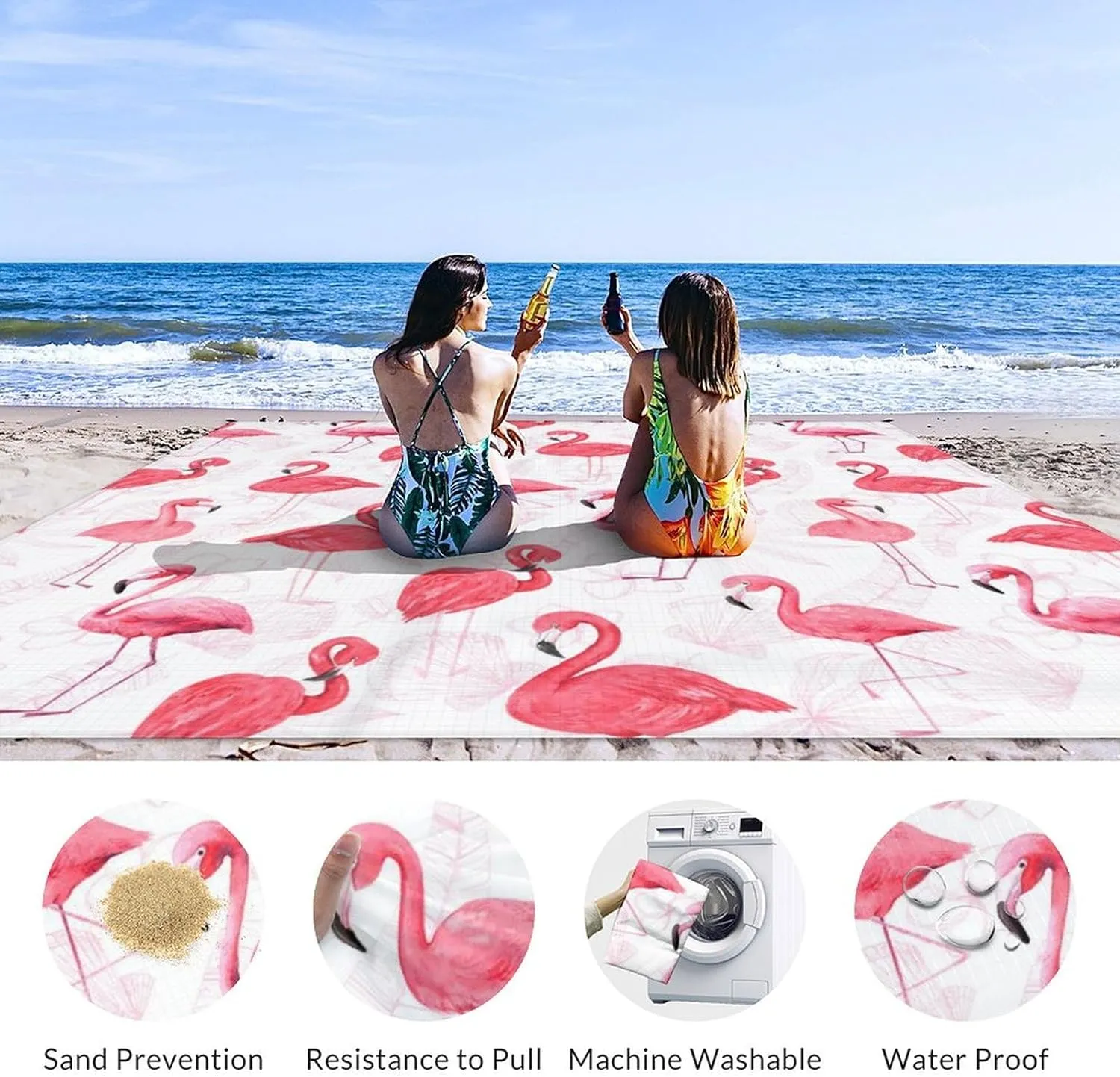Beach Blanket Waterproof Sandproof, Oversized Flamingo Cute Beach Mat for 6-8 Adults, 118x110 Inches Lightweight Windproof Picnic Blanket with 4 Corner Pockets for Outdoor, Travel, Camping, Hiking