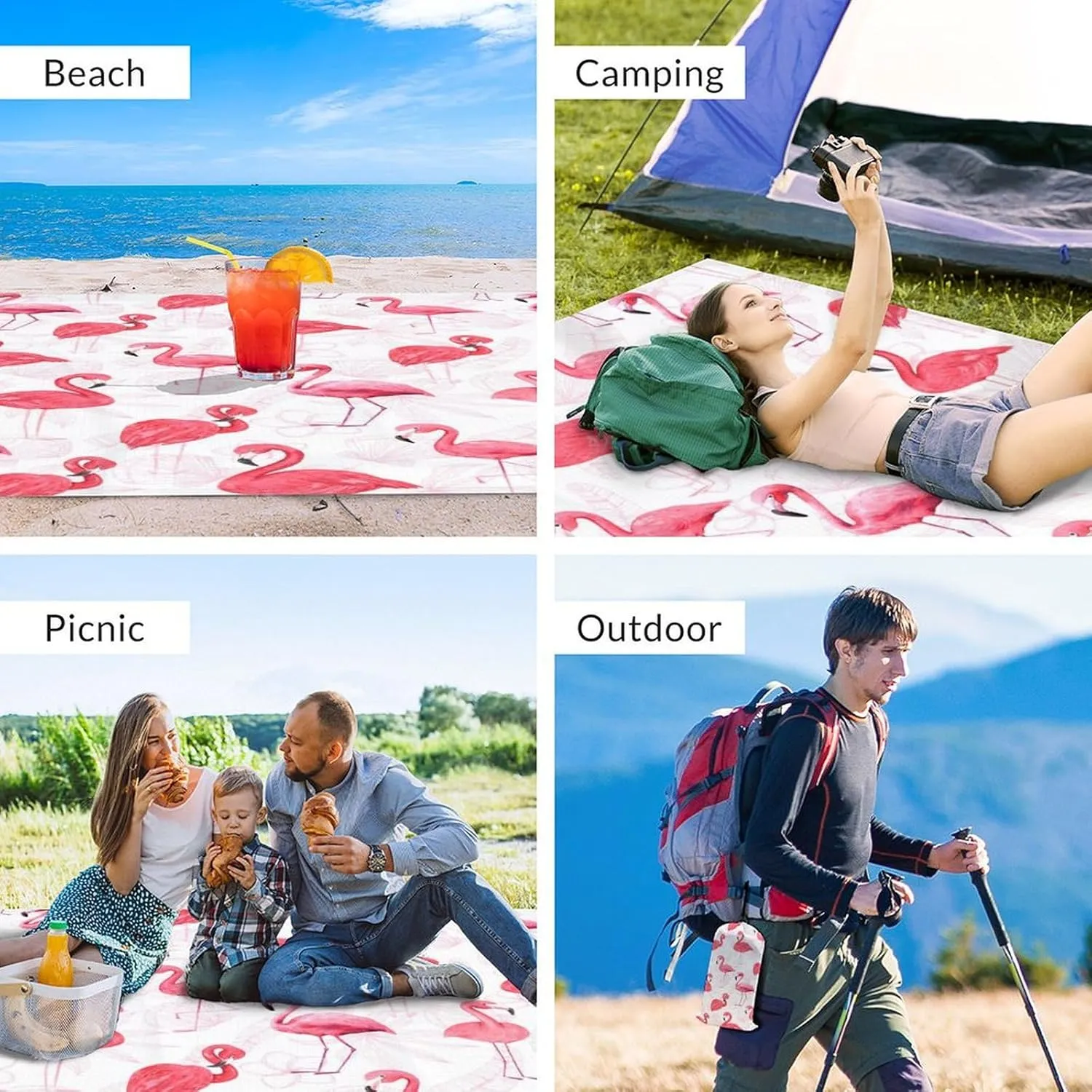 Beach Blanket Waterproof Sandproof, Oversized Flamingo Cute Beach Mat for 6-8 Adults, 118x110 Inches Lightweight Windproof Picnic Blanket with 4 Corner Pockets for Outdoor, Travel, Camping, Hiking