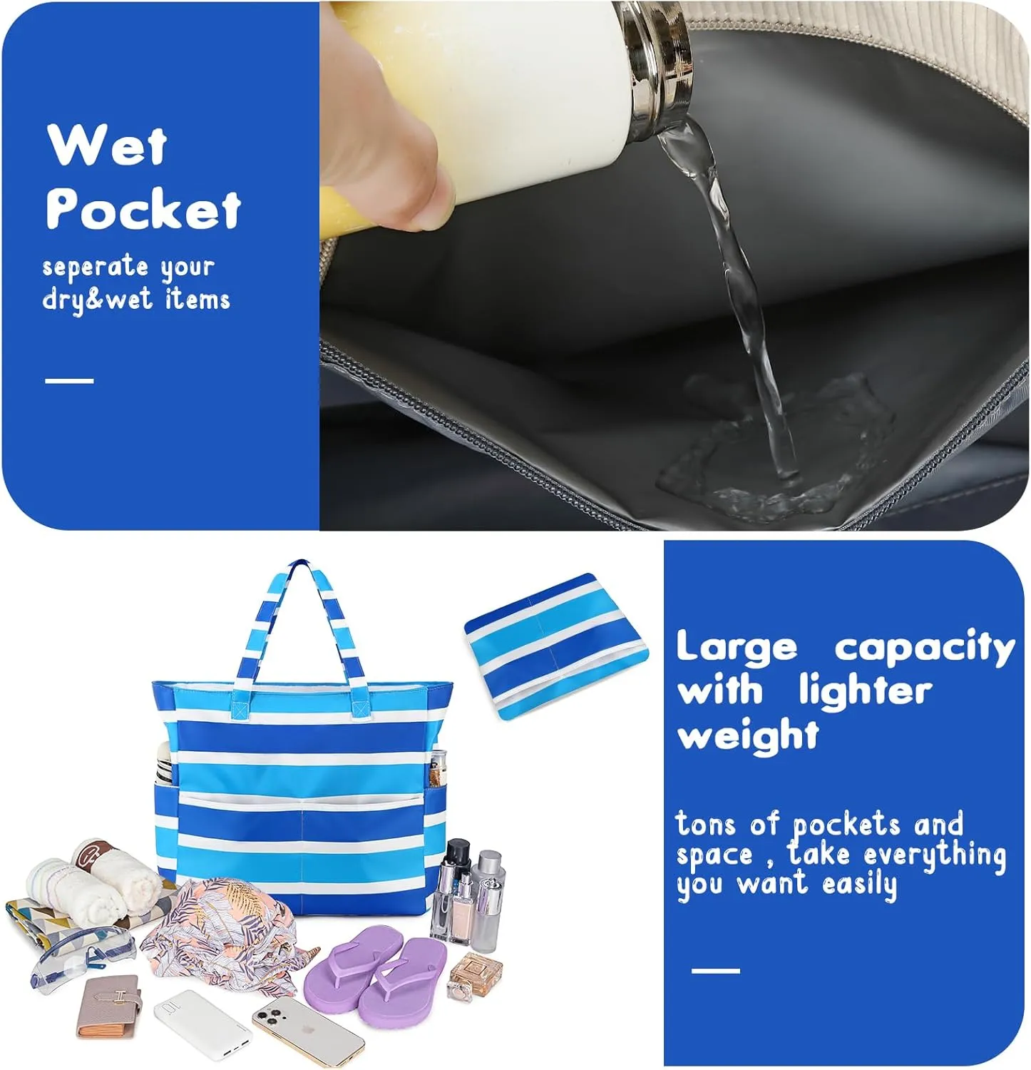 Beach Pool Bags Tote for Women Ladies Large Gym Tote Carry On Bag With Wet Compartment for Weekender Travel Waterproof