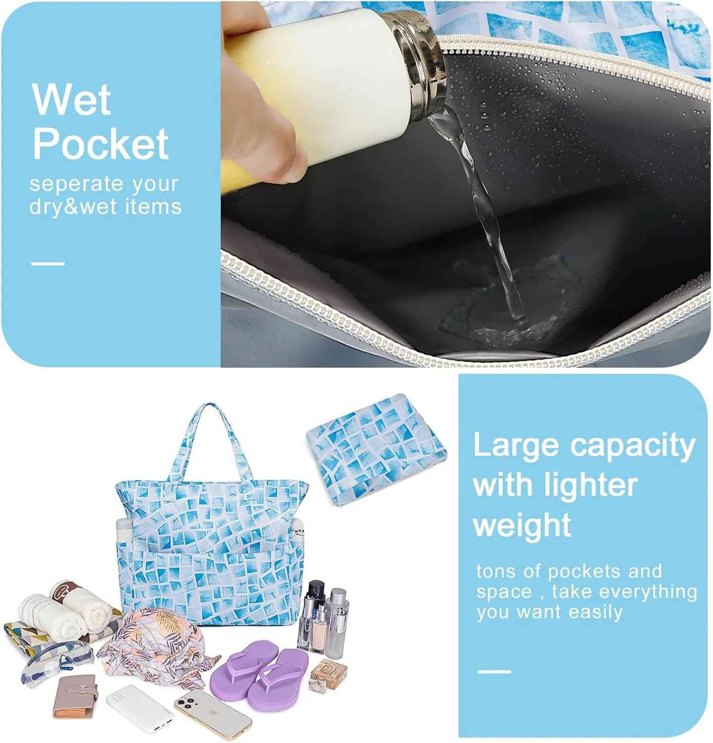Beach Pool Bags Tote for Women Ladies Large Gym Tote Carry On Bag With Wet Compartment for Weekender Travel Waterproof