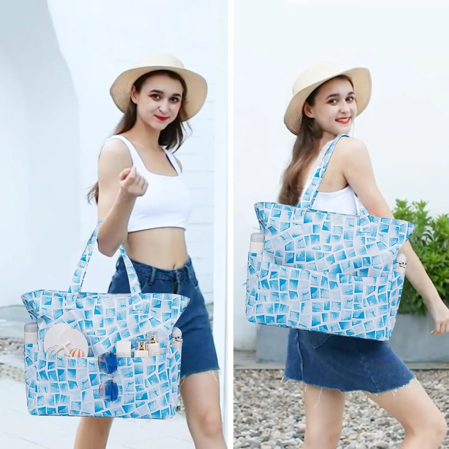 Beach Pool Bags Tote for Women Ladies Large Gym Tote Carry On Bag With Wet Compartment for Weekender Travel Waterproof