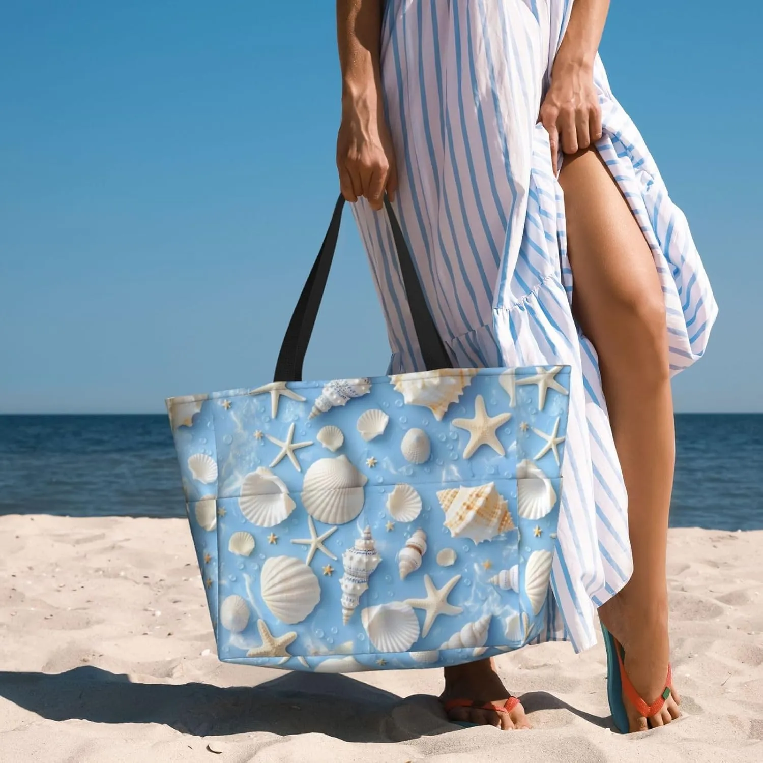 Beach Tote Bag for Women Foldable Waterproof and Sandproof Tote Bag with Zipper Print Beach Bag Large Travel Bag