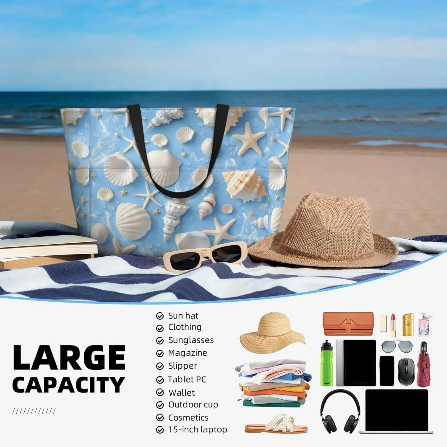 Beach Tote Bag for Women Foldable Waterproof and Sandproof Tote Bag with Zipper Print Beach Bag Large Travel Bag