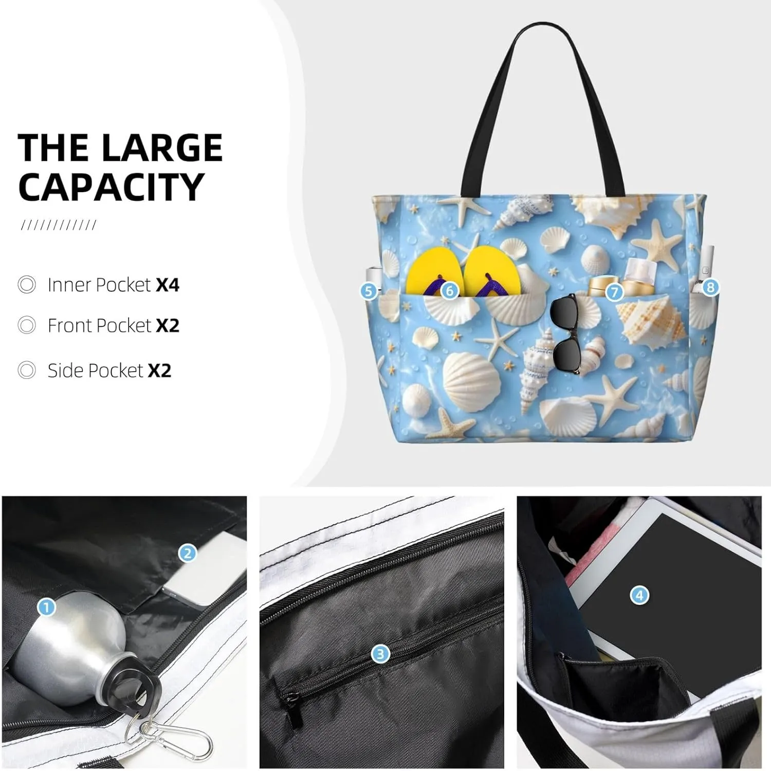 Beach Tote Bag for Women Foldable Waterproof and Sandproof Tote Bag with Zipper Print Beach Bag Large Travel Bag