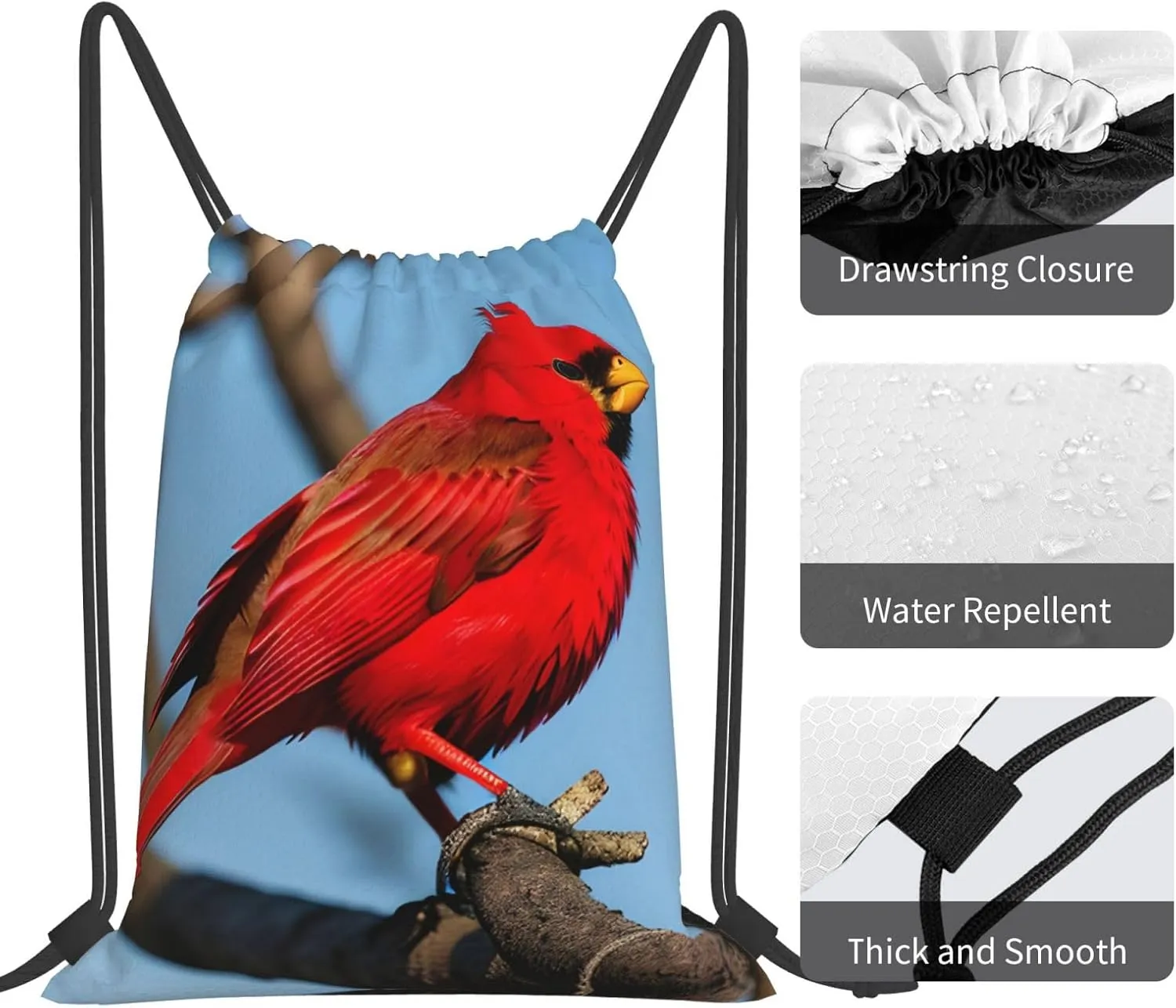 beautiful red Bird Print Sports Drawstring Backpack,Water Resistant Bag, Gym Backpack for Women Men