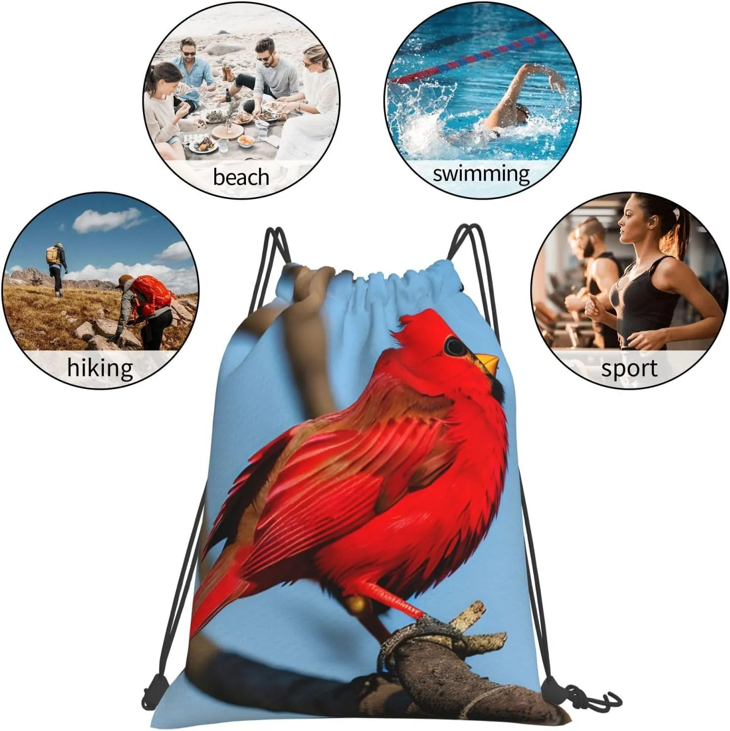 beautiful red Bird Print Sports Drawstring Backpack,Water Resistant Bag, Gym Backpack for Women Men