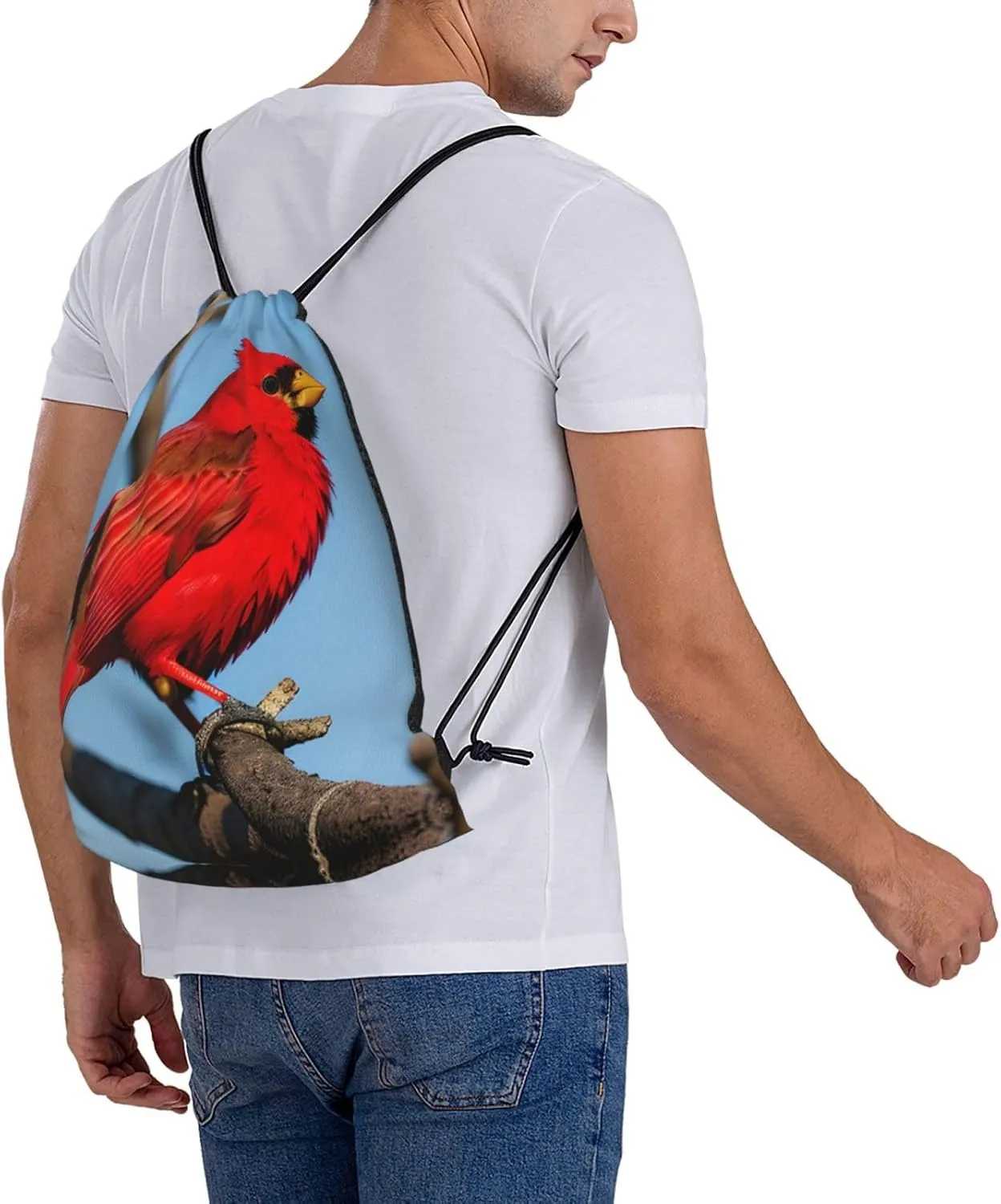 beautiful red Bird Print Sports Drawstring Backpack,Water Resistant Bag, Gym Backpack for Women Men