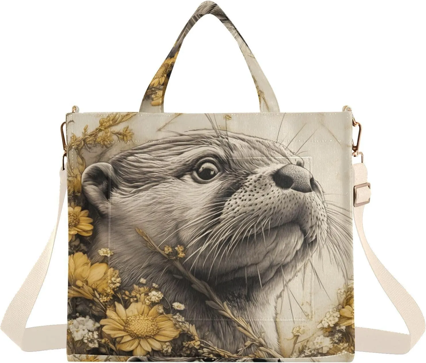 Beaver Flower Corduroy Tote Bag for Women Large Shoulder Bag with Pockets for Beach Work Travel Shopping S