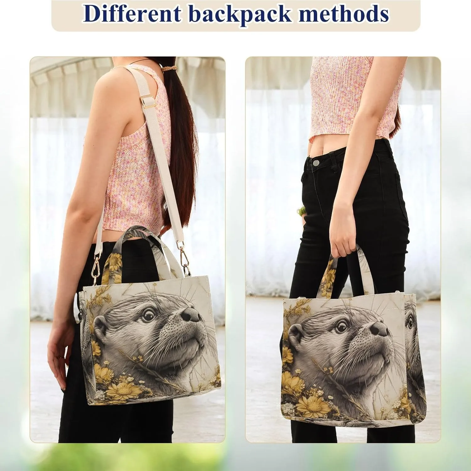Beaver Flower Corduroy Tote Bag for Women Large Shoulder Bag with Pockets for Beach Work Travel Shopping S