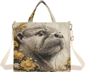 Beaver Flower Corduroy Tote Bag for Women Large Shoulder Bag with Pockets for Beach Work Travel Shopping S