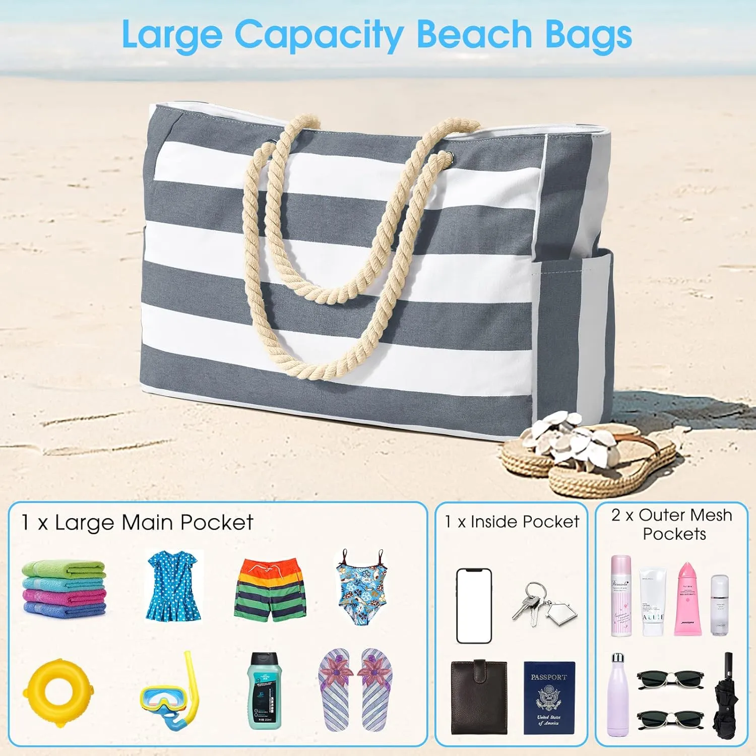 Becokan Beach Bag Large Beach Tote Bag for Women Waterproof Sandproof Swim Pool Bag With Zipper