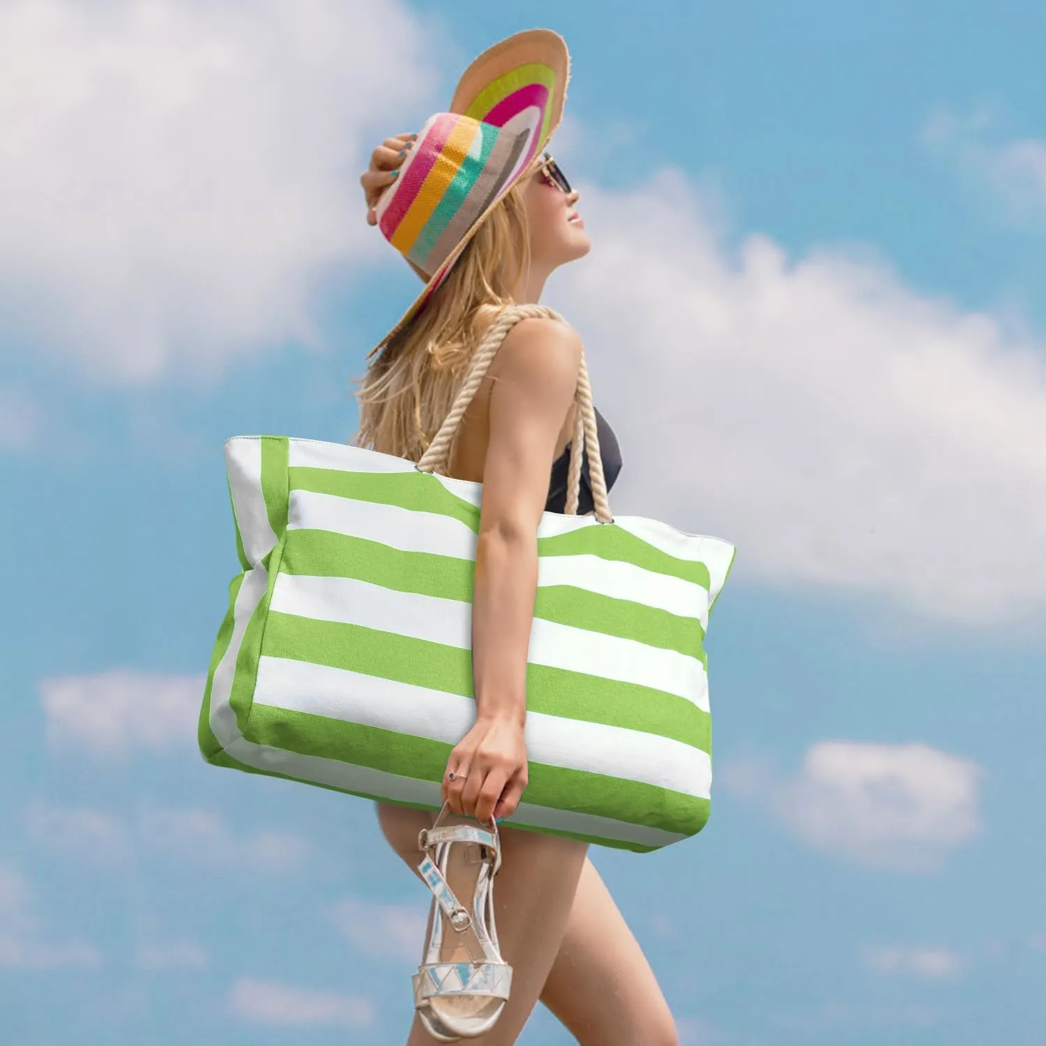 Becokan Beach Bag Large Beach Tote Bag for Women Waterproof Sandproof Swim Pool Bag With Zipper