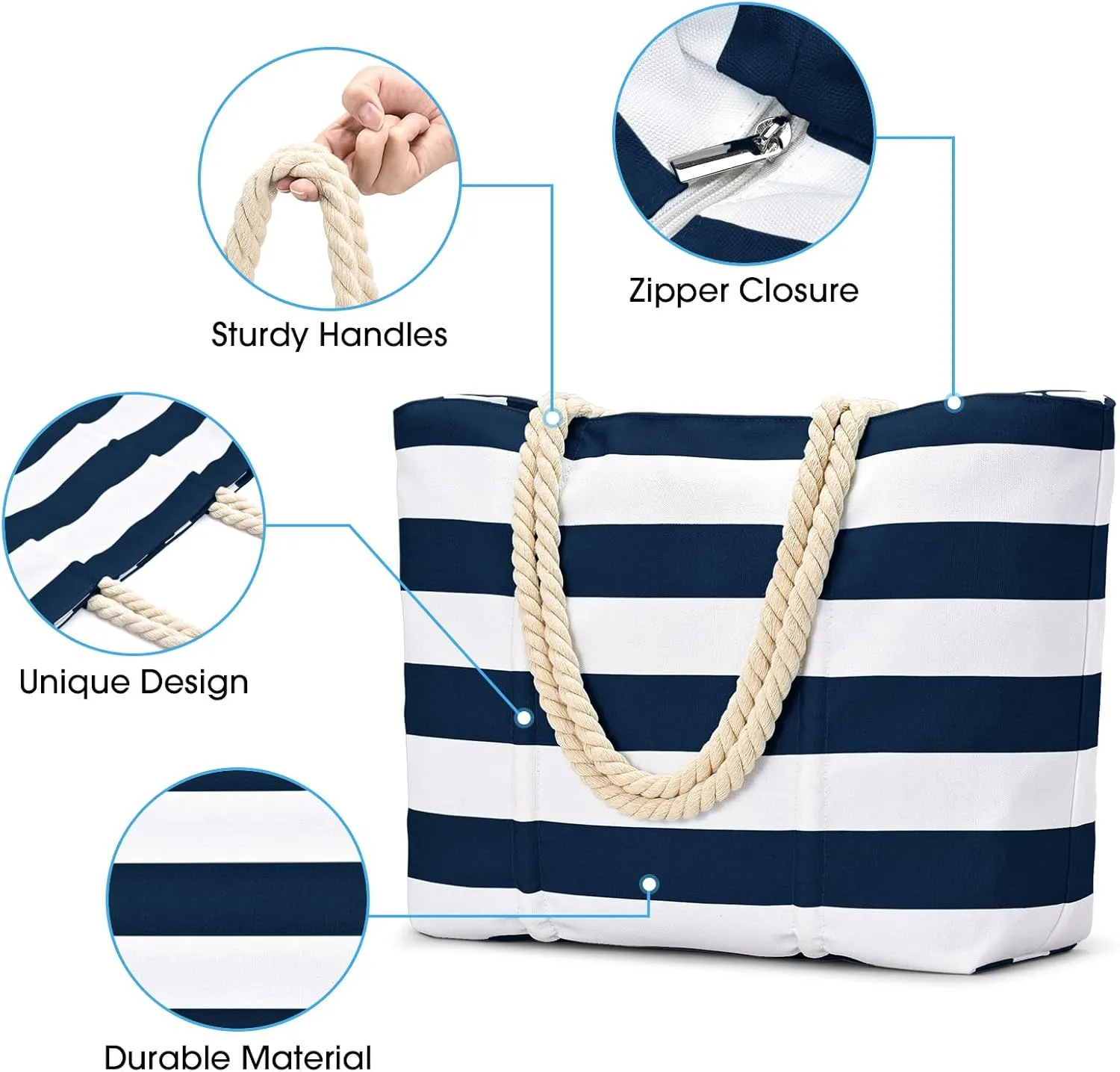 Becokan Beach Bag Large Waterproof Sandproof Canvas Beach Tote Bag with Zipper Swim Pool Bag Travel Essentials
