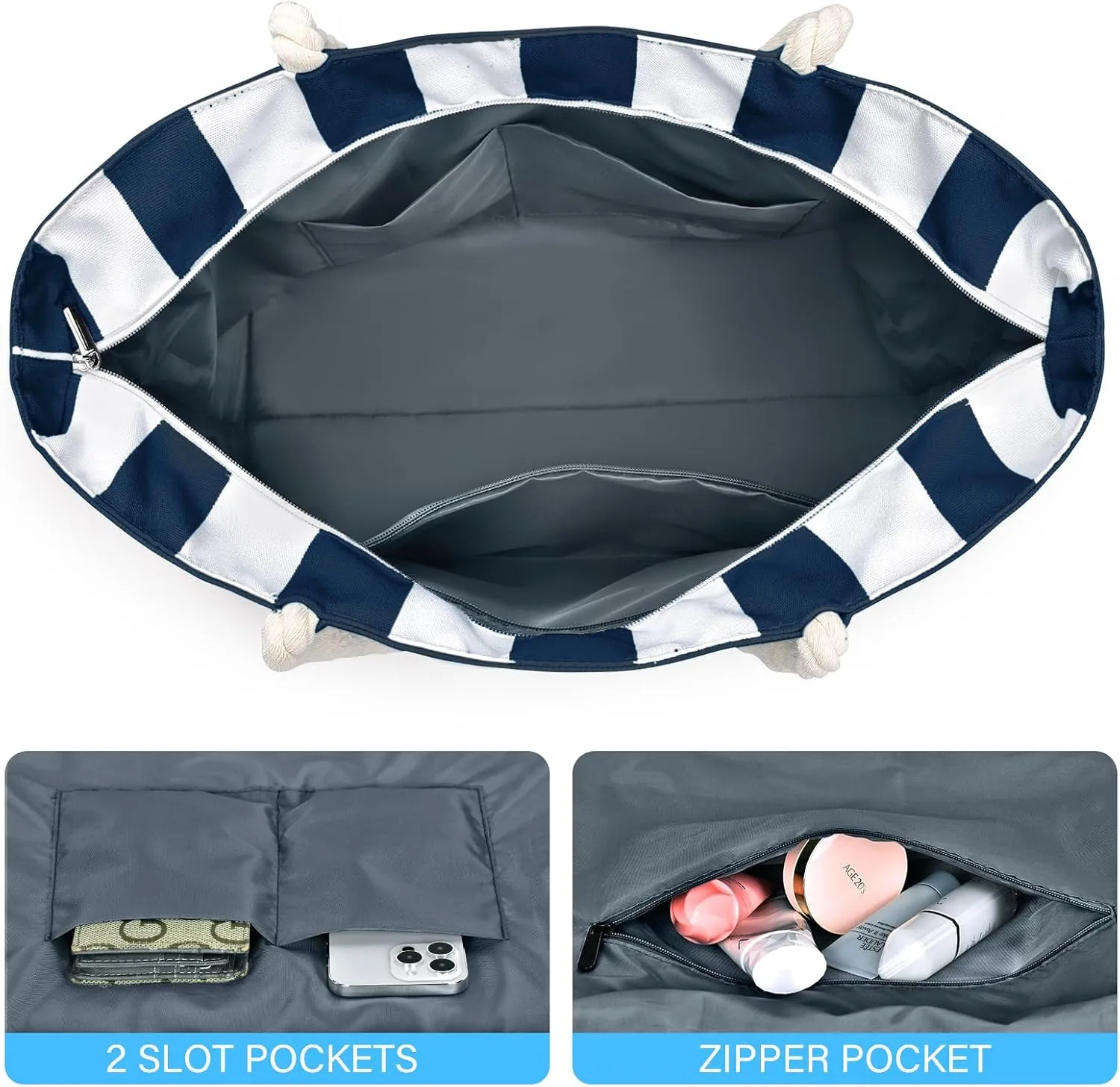 Becokan Beach Bag Large Waterproof Sandproof Canvas Beach Tote Bag with Zipper Swim Pool Bag Travel Essentials